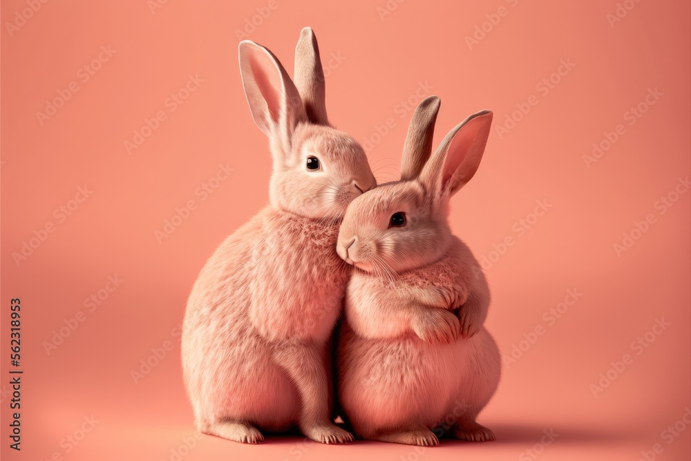 Two loving rabbits kissing. Love symbol. Pink background. Gererative AI Two loving rabbits kissing. Love symbol. Pink background. Gererative AI