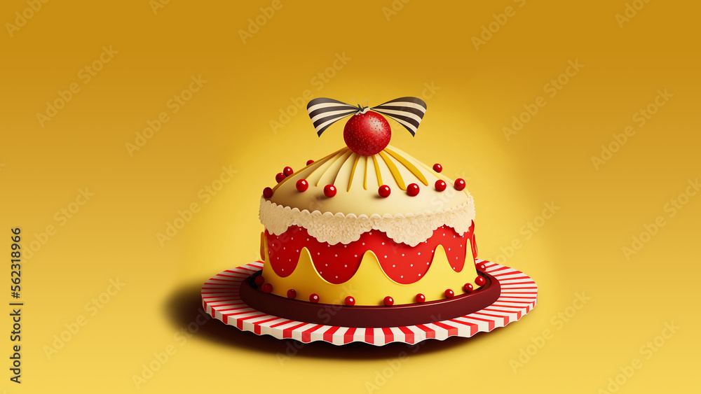 3D Render, Beautiful Colorful Cake of Amusement Park Theme Against Yellow Background. 3D Render, Beautiful Colorful Cake of Amusement Park Theme Against Yellow Background.
