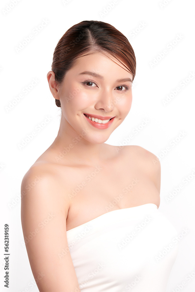 Beautiful young asian woman with clean fresh skin on white background, Face care, Facial treatment, Cosmetology, beauty and spa, Asian women portrait.