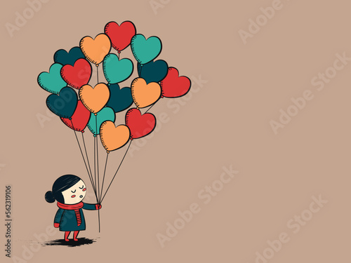 Doodle Style Cute Girl Holding Hearts Balloons On Brown Background And Copy Space. Happy Valentine's Day Concept.