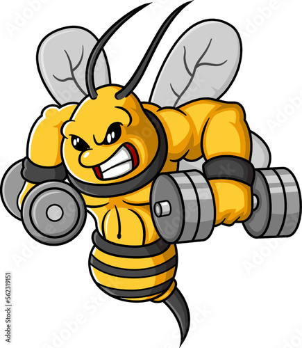 cartoon strong bee exercise with dumbbells