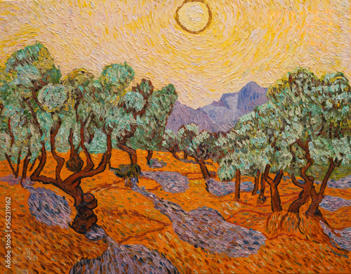 Olive Trees. Beautiful oil painting on canvas. Based on the great painting by Van Gogh . Brush strokes and canvas textures