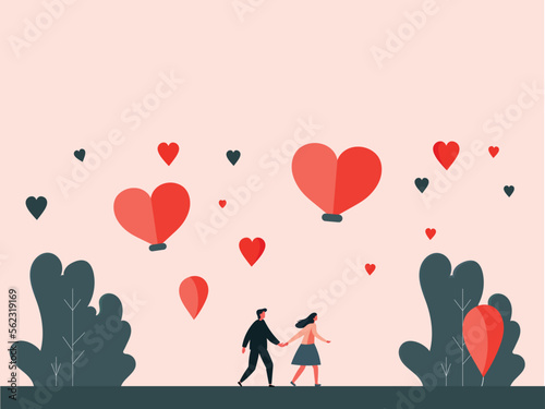 Walking Young Man And Woman Holding Hands With Flying Heart Shapes, Leaves On Pastel Pink Background And Copy Space. Love Concept.