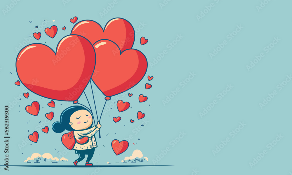 Cute Little Girl Character Holding Hearts Balloons With Trees On Paste Blue Background And Copy Space. Love or Valentine's Day Concept. Cute Little Girl Character Holding Hearts Balloons With Trees On Paste Blue Background And Copy Space. Love or Valentine's Day Concept.