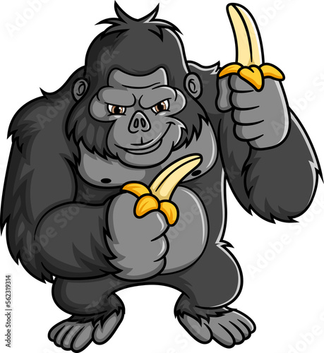 Cartoon strong gorilla holding banana