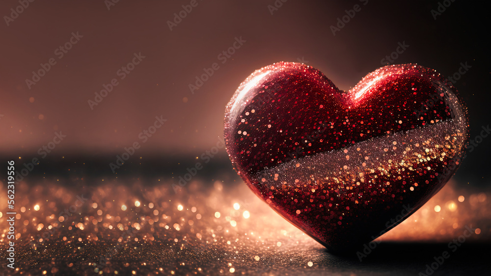 Shiny Red Glittery Heart Shape On Flare Lighting Background. 3D Render. Shiny Red Glittery Heart Shape On Flare Lighting Background. 3D Render.