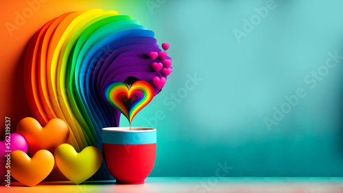 Love Or Valentine Concept With Heart Shapes With Flower Pot On Rainbow Style Illustration. photo