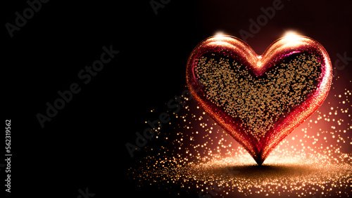 Shiny Glittery Heart Shape On Golden Lighting Backgorund. 3D Render.
