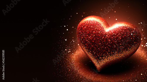 Shiny Red Glittery Heart Shape On Sparkle Light Background. 3D Render.