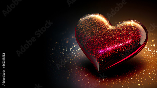 Shiny Glittery Heart Shape On Golden Lighting Background. 3D Render.