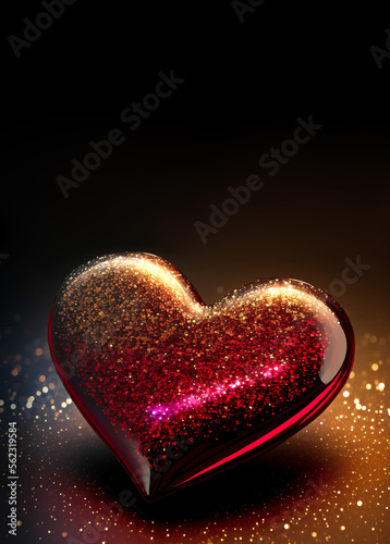 Shiny Glittery Heart Shape On Golden Lighting Background. 3D Render.