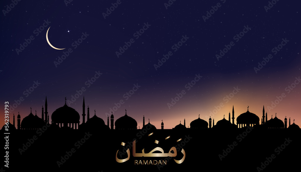 Ramadan calligraphy Arabic with Silhouette Dome Mosques,Crescent moon on Dusk sky background, Vector Ramadhan Night with twilight sky. Islamic or Muslims religion the month of Ramadan Kareem