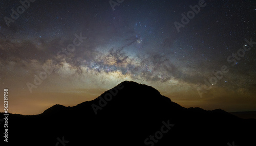Silhouette high mountain in Nepal, Milky way with stars.