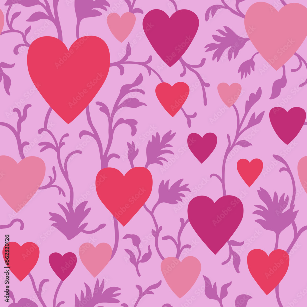 Vector pattern with hearts. Pattern for Valentine's Day. A pattern in the form of hearts with purple branches on a pink background.
