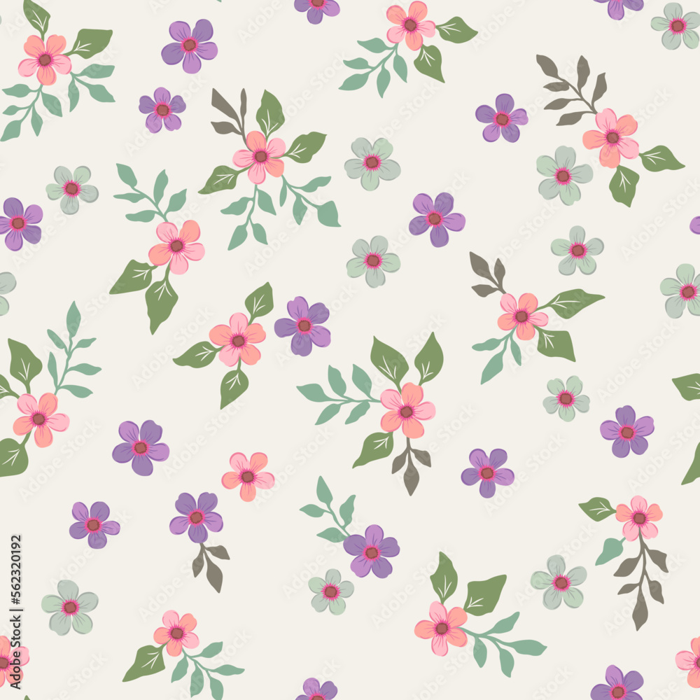 A pattern with spring flowers of pink purple and green on a mint background. A pattern with spring flowers of pink purple and green on a mint background.