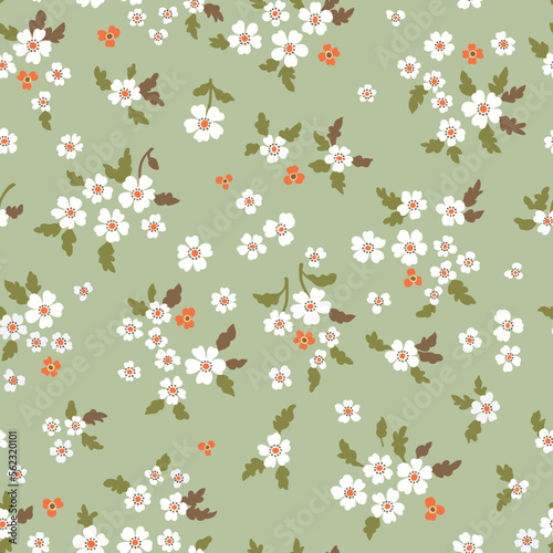 Vector floral seamless pattern. Abstract luxurious background with small white and orange flowers on a mint background.