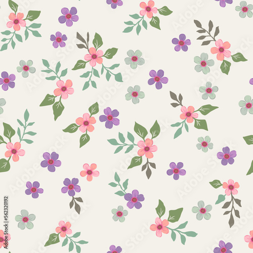A pattern with spring flowers of pink purple and green on a mint background.