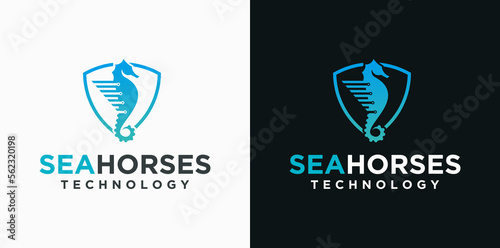 technology sea horse logo design, unique sea animal design, sea horse with technology concept
