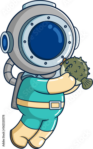 The diver plays with a cute puffer fish
