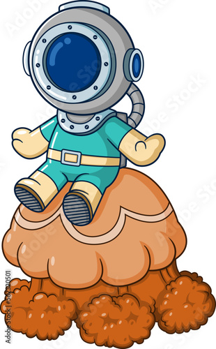 The enthusiastic diver sits on a big rock