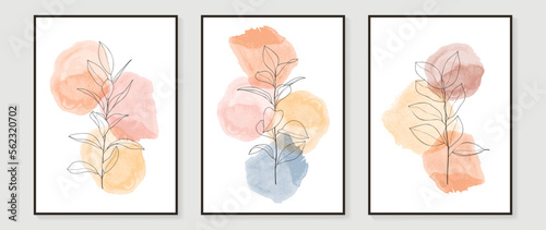 Abstract floral and botanical watercolor wall art vector set. Leaf branch in line art with organic shapes, earth tone colors. Minimal nature design for home decor, interior, poster, cover, banner. 