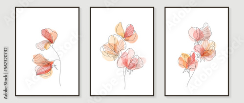 Abstract floral and botanical watercolor wall art vector set. Botanical flower line art with organic shapes, earth tone colors. Minimal nature design for home decor, interior, poster, cover, banner. 