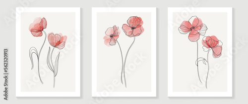 Abstract floral and botanical watercolor wall art vector set. Botanical flower line art with organic shapes, earth tone colors. Minimal nature design for home decor, interior, poster, cover, banner. 