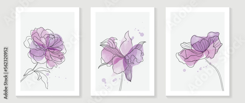 Abstract floral and botanical watercolor wall art vector set. Botanical flower line art with vibrant color painted background. Minimal nature design for home decor, interior, poster, cover, banner. 