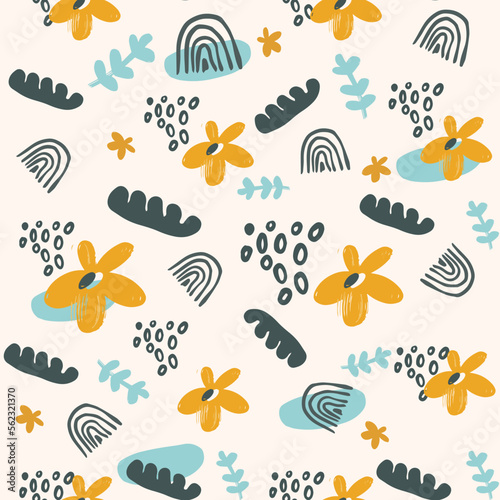 Vector seamless repeating pattern with hand drawn flowers, rainbow, dots, doodles and different shapes.