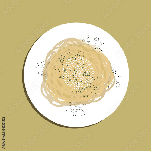 Food illustration, Roman pasta spaghetti with black pepper and cheese. Cacio e pepe. Recipes. 