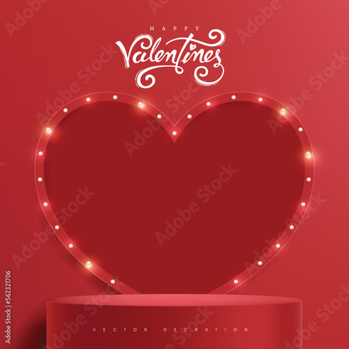 Valentine's day sale banner backgroud with red product display and Retro light bulbs heart shape sign background