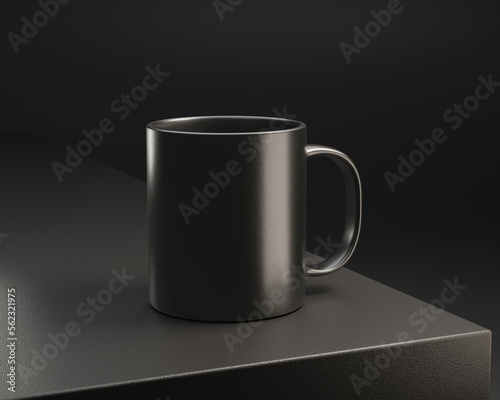 black blank cup or mug mockup on black surface photo