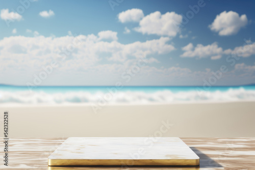 Copy space of luxury mable tabletop on blur tropical beach with blue sky and white clouds abstract background. Product presentation and travel vacation concept. Generative AI © tonktiti