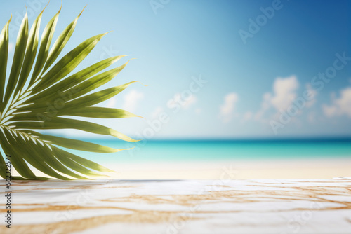 Copy space of luxury mable tabletop on blur tropical beach with blue sky and white clouds abstract background. Product presentation and travel vacation concept. Generative AI
