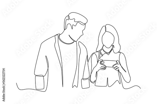 Continuous one line drawing father gives advice when his daughter playing game in smartphone. Rising teens concept. Single line draw design vector graphic illustration.