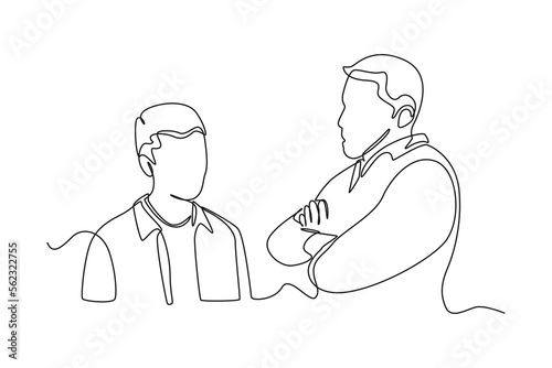 Continuous one line drawing a father gives advice to his son. Rising teens concept. Single line draw design vector graphic illustration.