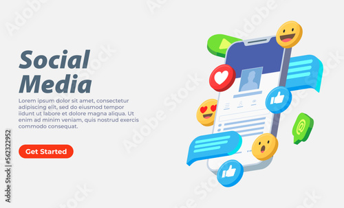 Social media user profile interface 3d isometric with 3d emojis vector illustration