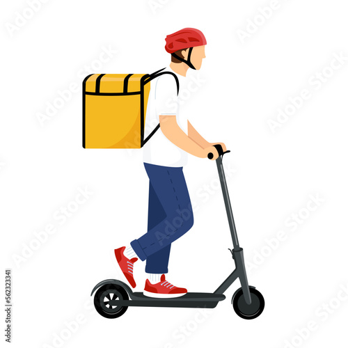 Electric scooter with delivery man flat vector cartoon character. Fast courier. Restaurant food, mail delivery, food. Webpage, Application Design. Isolated on transparent background