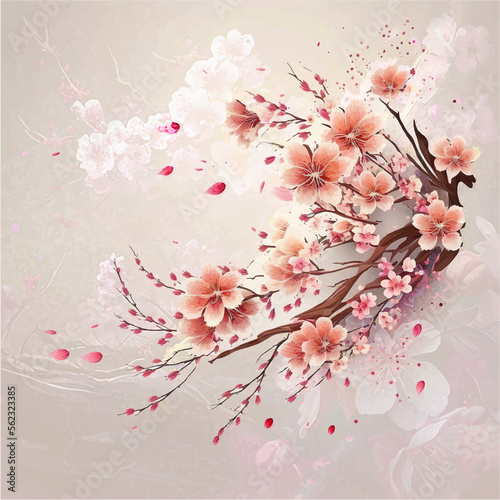 branch with beautiful sakura flowers and falling petals realistic composition