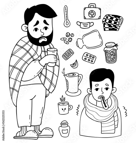 Collection doodles disease and treatment. Sick sad bearded man wrapped in a blanket and guy with thermometer. Pills, scarf, jam, kettle, heating pad and thermometer. Isolated vector linear drawing.
