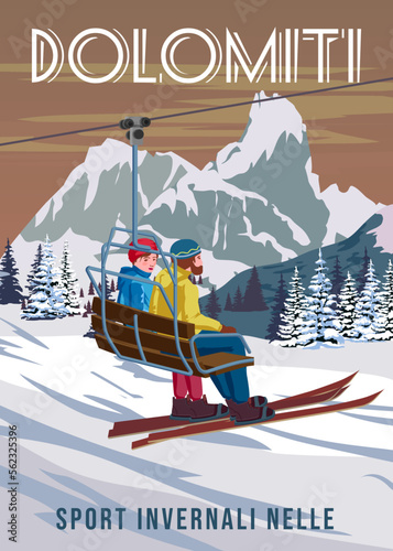 Vintage Travel poster Ski Val Gardena resort. Italy winter landscape travel card