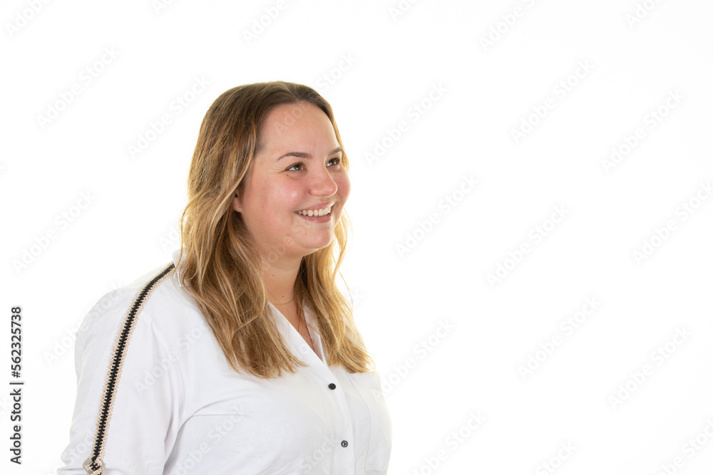 overweight woman smiling happy profile side view in friendly attitude look side copy space in white background overweight woman smiling happy profile side view in friendly attitude look side copy space in white background