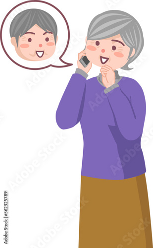 スマホで旦那さんと話しをしているシニア女性