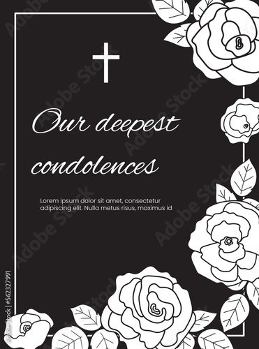 Condolence vector card template. Funeral frame with rose on black background. Sympathy card illustration