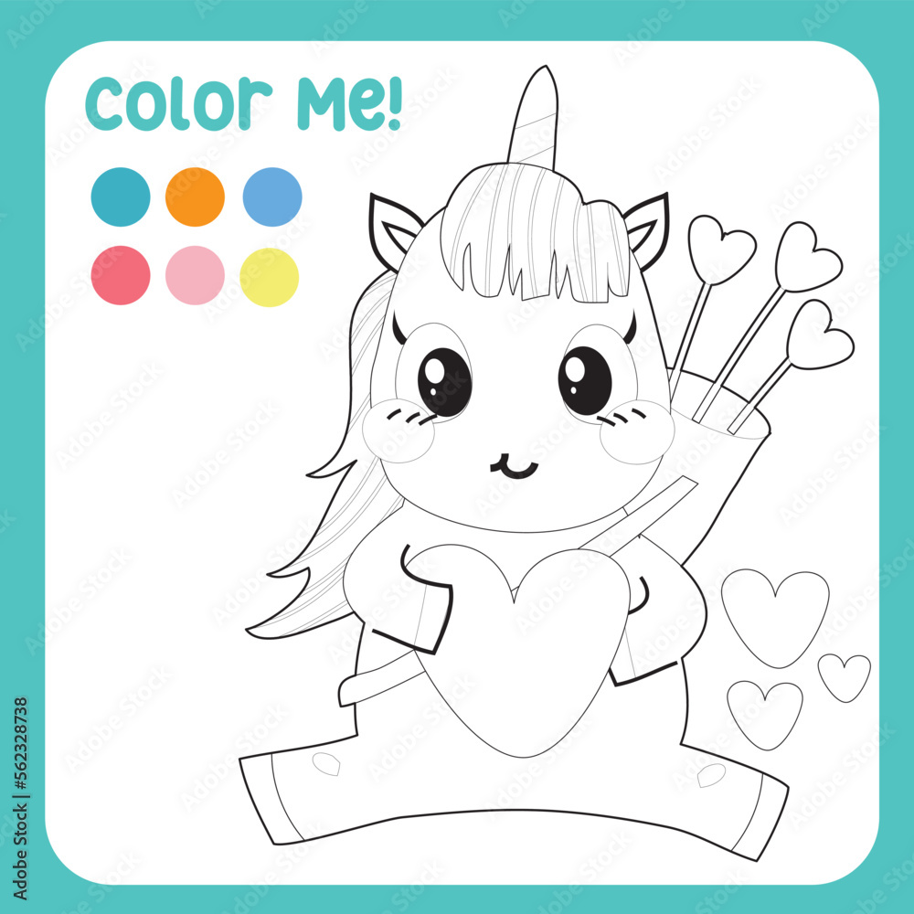 Colour me with these colours. Adorable unicorn colouring page for kids. Colouring page activity cute cupid unicorn with the love arrows. Cute unicorn vector illustration.