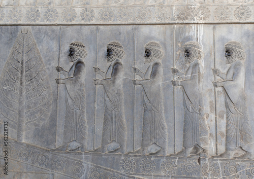 Relief of Persian guards (Immortals) on the staircase of Apadana palace in the ancient city of Persepolis, Fars region of southwestern Iran photo