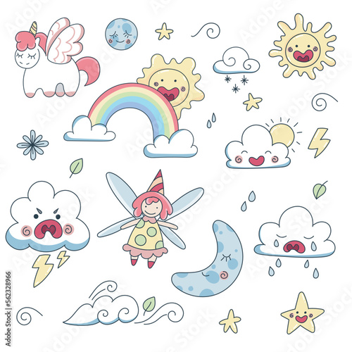 Set of stickers weather, clouds, sun, smiles, rainbow, unicorn, cute clouds Vanilla fairy and stars. Flat set in delicate colors. Emotion stickers.
