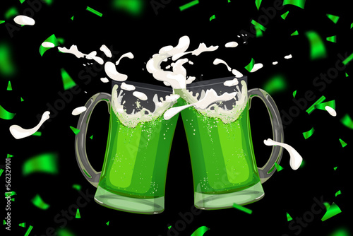 Two mugs of fresh beer. Green beer is a traditional drink on St. Patrick's Day in Ireland. A toast to good luck. Vector illustration for brewery menu, pub, party invitations.