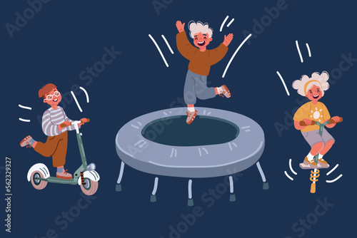 Vector cartoon illustration of activity kids. Boy and girl jump on trampoline, jumpen stick and kick scooter.