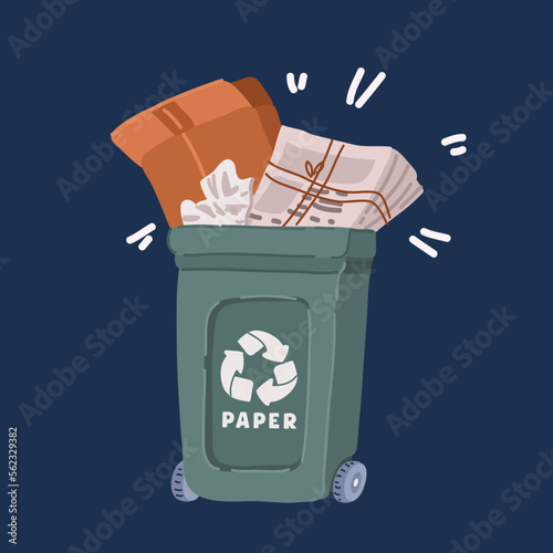 Vector cartoon illustration of throwed papers in recycle bin. Paper recycling, segregate waste, sorting garbage, eco friendly, concept.